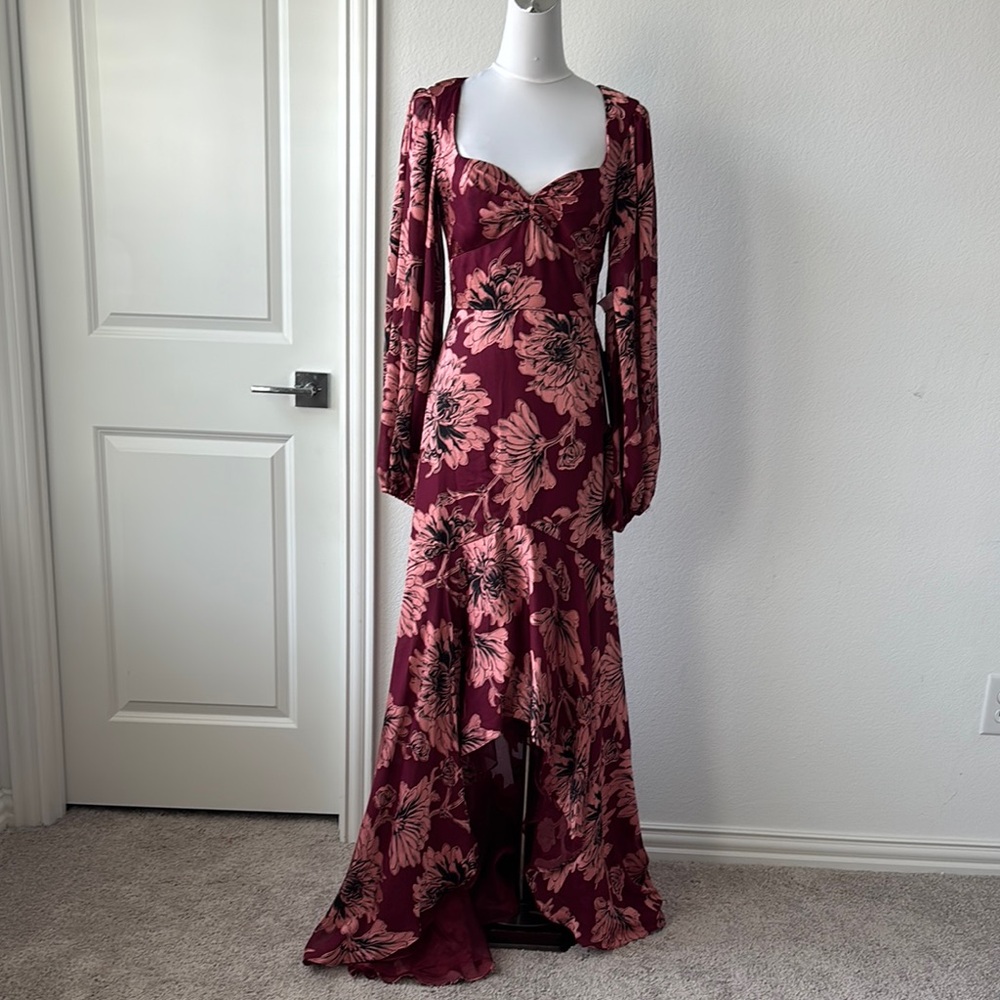 Theia Red Long Sleeve Gown with Sweetheart Neckline